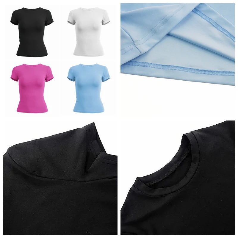 Nova Camiseta Feminina de Manga Curta, Ajuste Slim, Estilo Y2K, Gola O, Tricô, Moda Urbana, Esportiva e Sensua