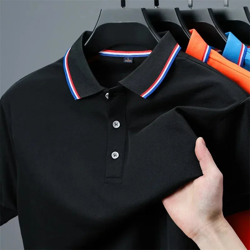 Camisa Polo Masculina Casual de Cor Sólida com Manga Curta, Top Versátil e Confortável para o Verão