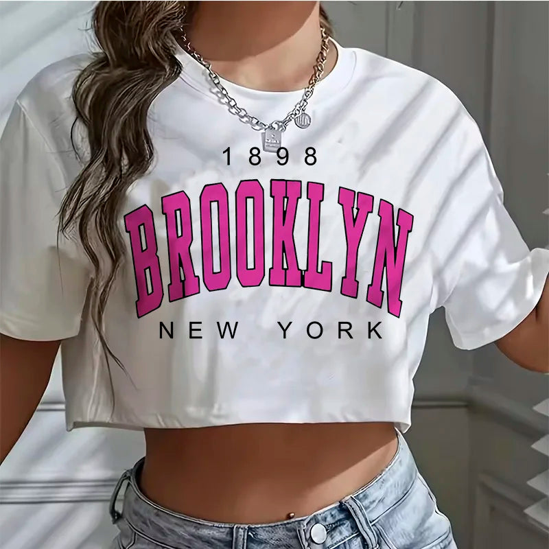 Camiseta los angeles número 91 brooklyn gráfico em torno do pescoço esportes colheita camiseta casual colheita topo feminino recortado