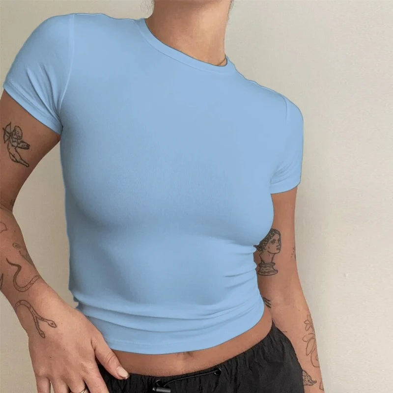 Nova Camiseta Feminina de Manga Curta, Ajuste Slim, Estilo Y2K, Gola O, Tricô, Moda Urbana, Esportiva e Sensua