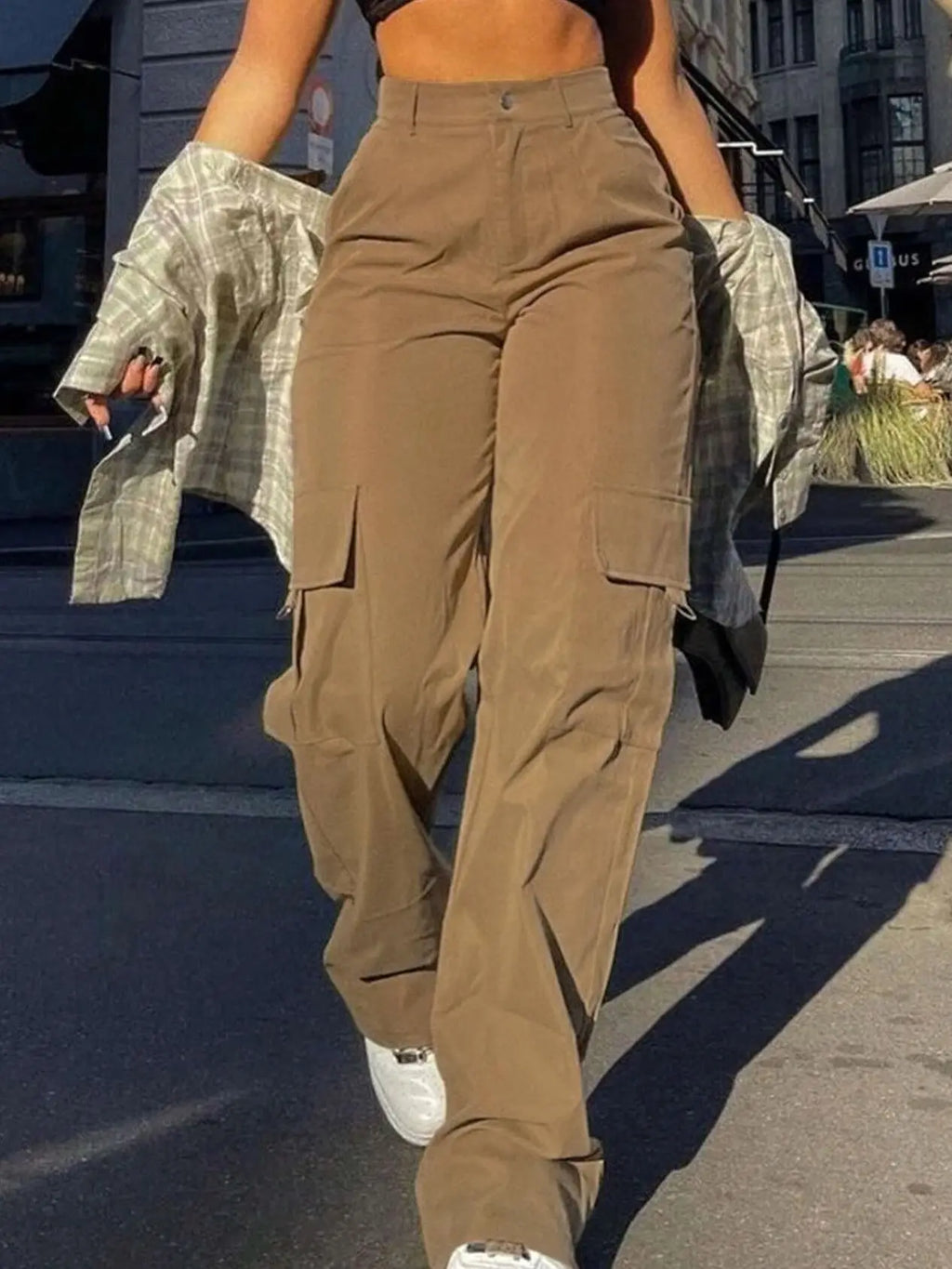 Calças cargo femininas simples de cintura alta, calças casuais com botão de bolso da moda de rua para uso diário, calças femininas para todas as estações