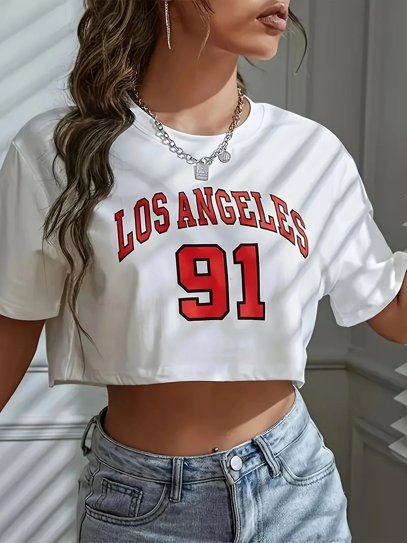 Camiseta los angeles número 91 brooklyn gráfico em torno do pescoço esportes colheita camiseta casual colheita topo feminino recortado