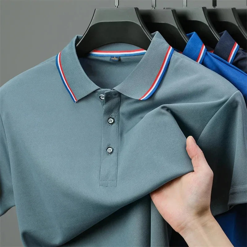 Camisa Polo Masculina Casual de Cor Sólida com Manga Curta, Top Versátil e Confortável para o Verão