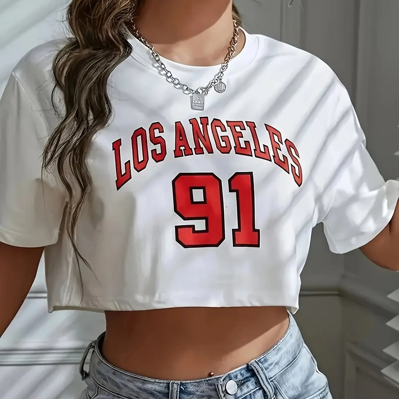 Camiseta los angeles número 91 brooklyn gráfico em torno do pescoço esportes colheita camiseta casual colheita topo feminino recortado