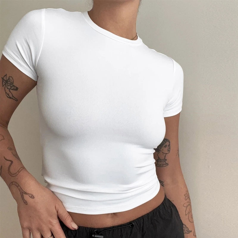 Nova Camiseta Feminina de Manga Curta, Ajuste Slim, Estilo Y2K, Gola O, Tricô, Moda Urbana, Esportiva e Sensua