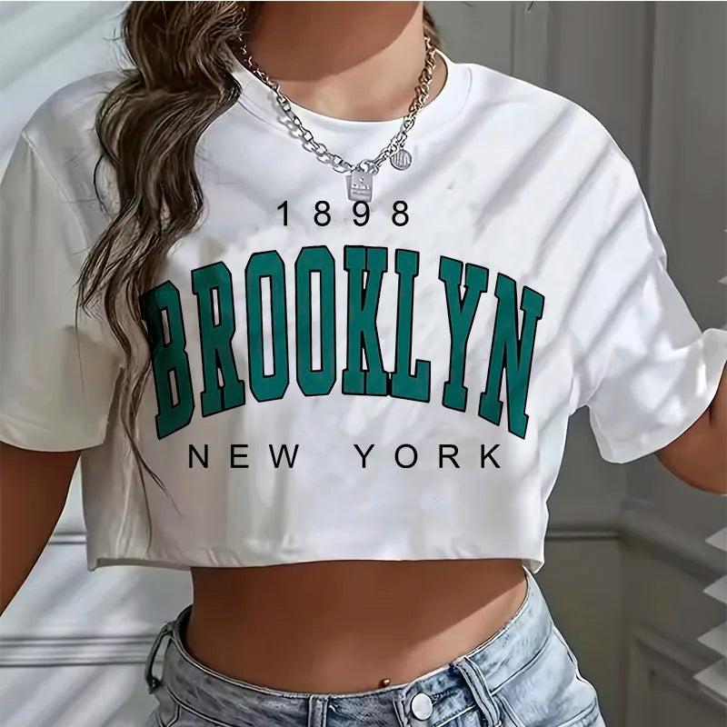 Camiseta los angeles número 91 brooklyn gráfico em torno do pescoço esportes colheita camiseta casual colheita topo feminino recortado