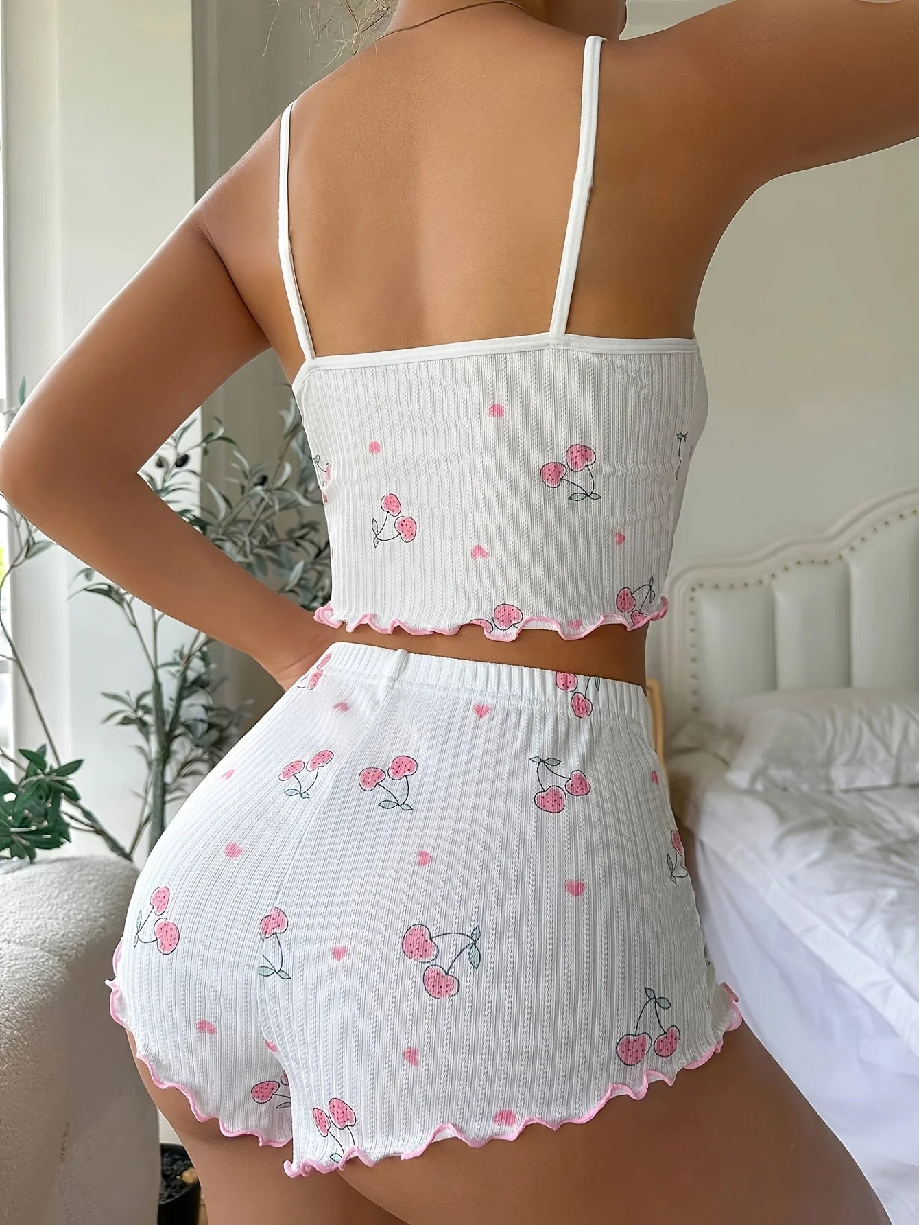 Conjunto de pijama feminino com estampa de coração, 2 peças, gola redonda, costas nuas, confortável, top e shorts, roupa de dormir de verão