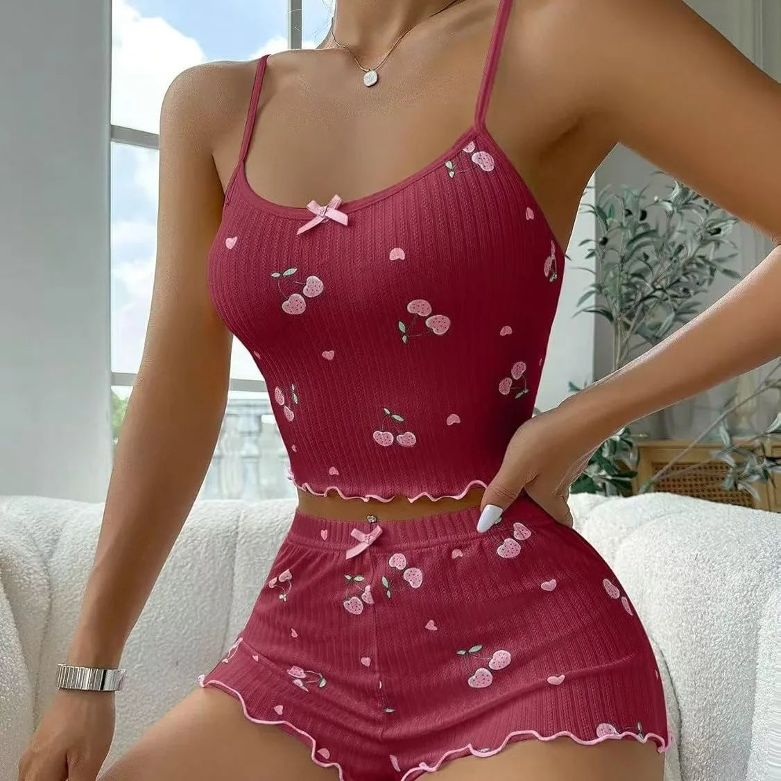Conjunto de pijama feminino com estampa de coração, 2 peças, gola redonda, costas nuas, confortável, top e shorts, roupa de dormir de verão