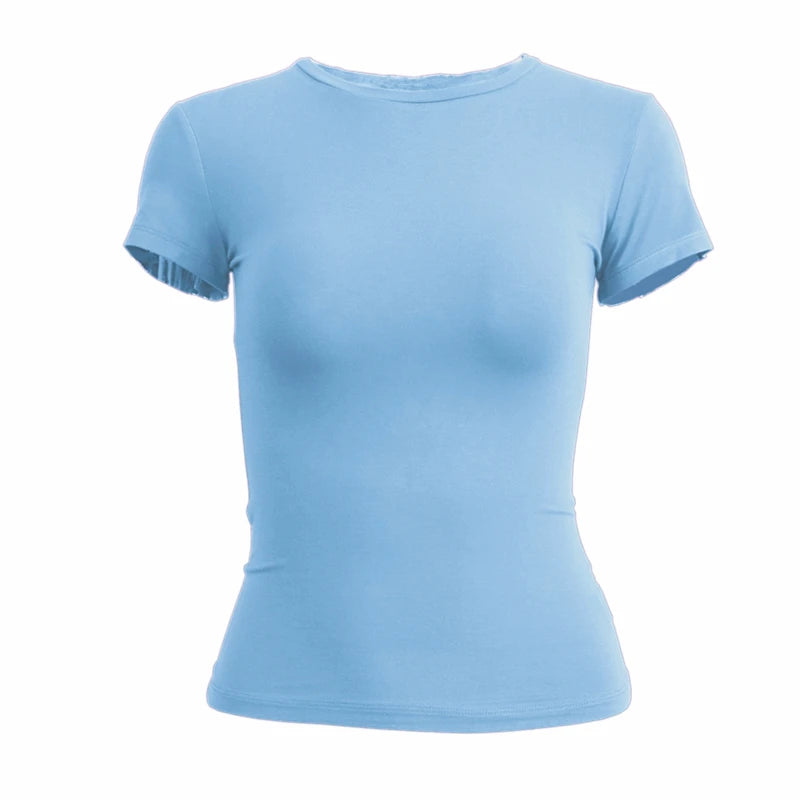Nova Camiseta Feminina de Manga Curta, Ajuste Slim, Estilo Y2K, Gola O, Tricô, Moda Urbana, Esportiva e Sensua
